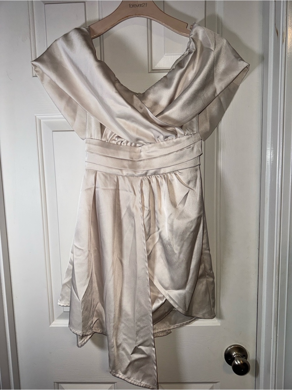 Lulus Always Celebrating Champagne Satin Off-the-Shoulder Mini Dress. SZ. Small.